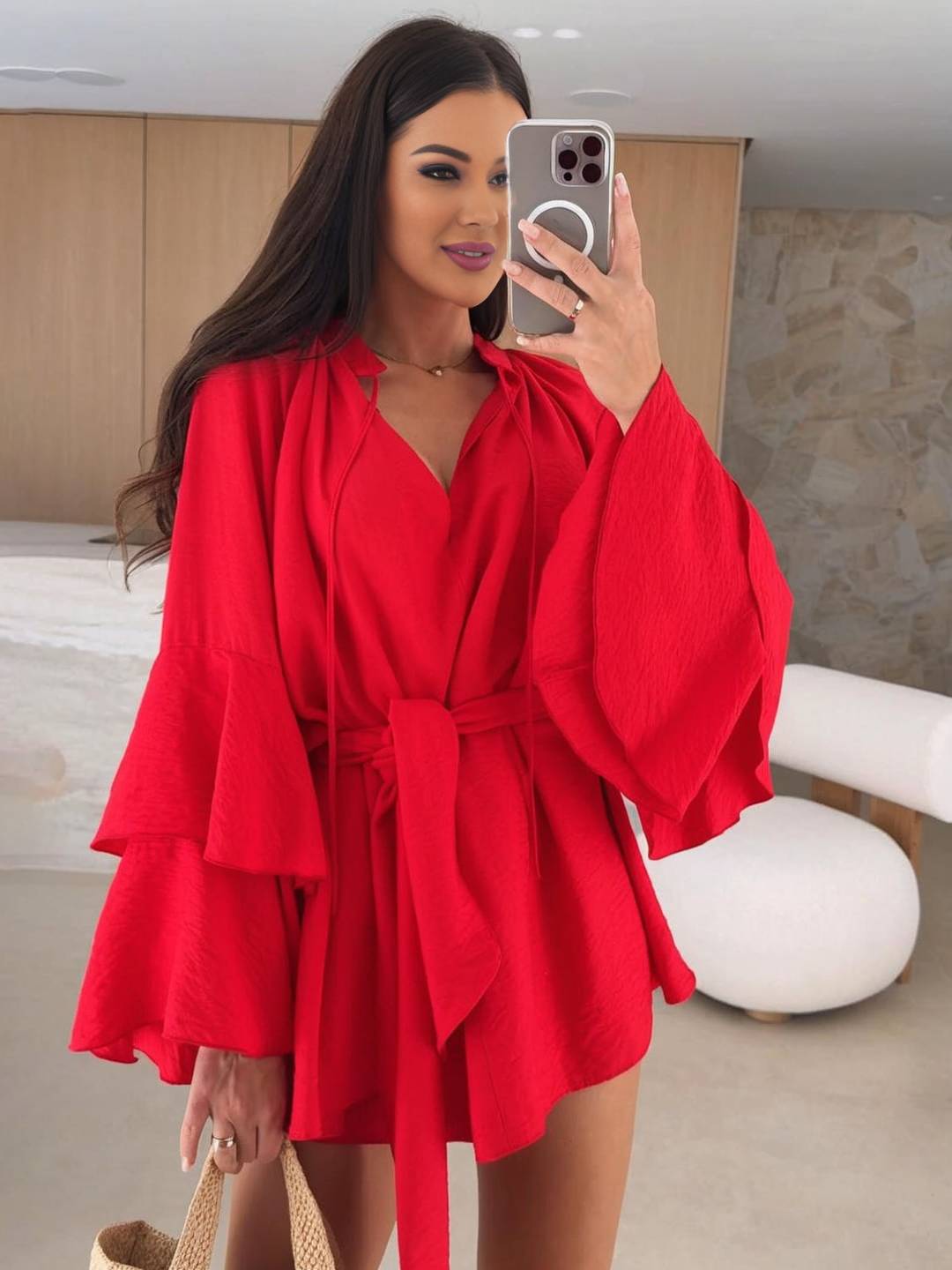 Cocolii mini robe v-cou ceinture irrégulière manches trompette manches longues femme casual bohème décontracté de plage