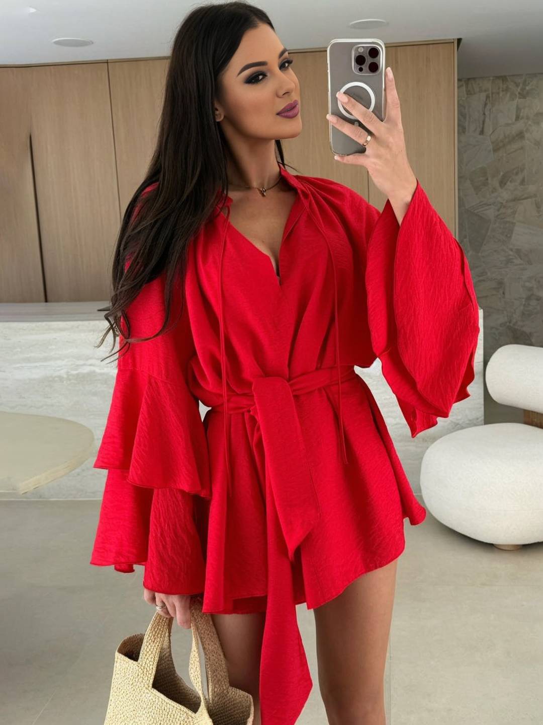 Cocolii mini robe v-cou ceinture irrégulière manches trompette manches longues femme casual bohème décontracté de plage