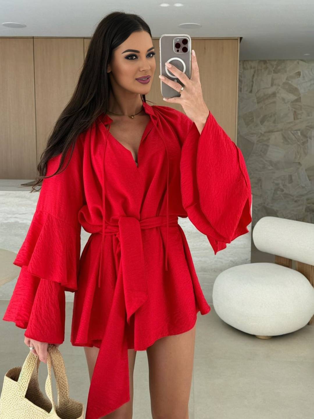 Cocolii mini robe v-cou ceinture irrégulière manches trompette manches longues femme casual bohème décontracté de plage
