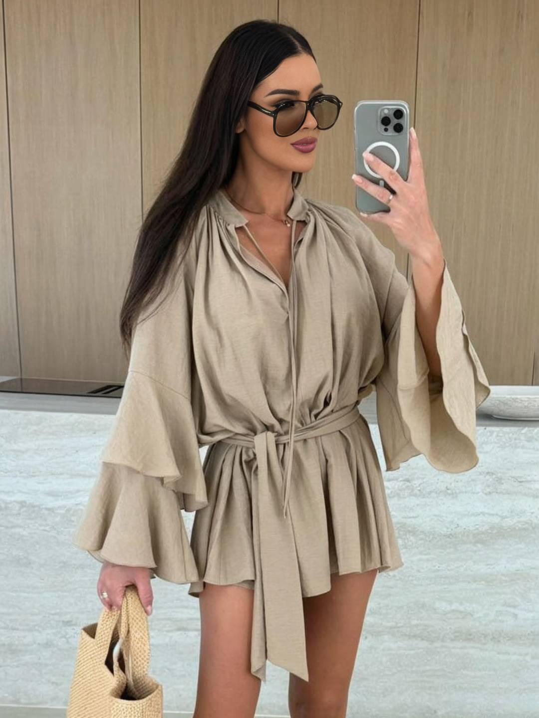 Cocolii mini robe v-cou ceinture irrégulière manches trompette manches longues femme casual bohème décontracté de plage