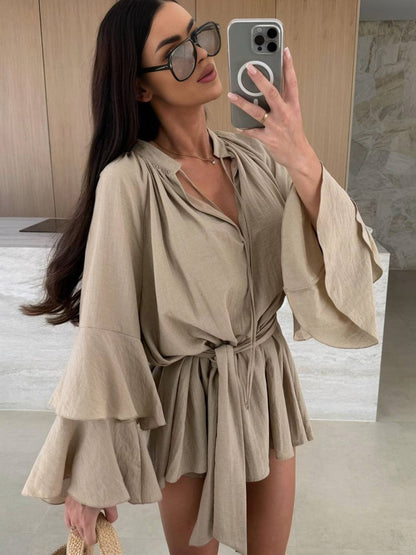 Cocolii mini robe v-cou ceinture irrégulière manches trompette manches longues femme casual bohème décontracté de plage