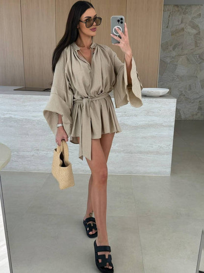 Cocolii mini robe v-cou ceinture irrégulière manches trompette manches longues femme casual bohème décontracté de plage