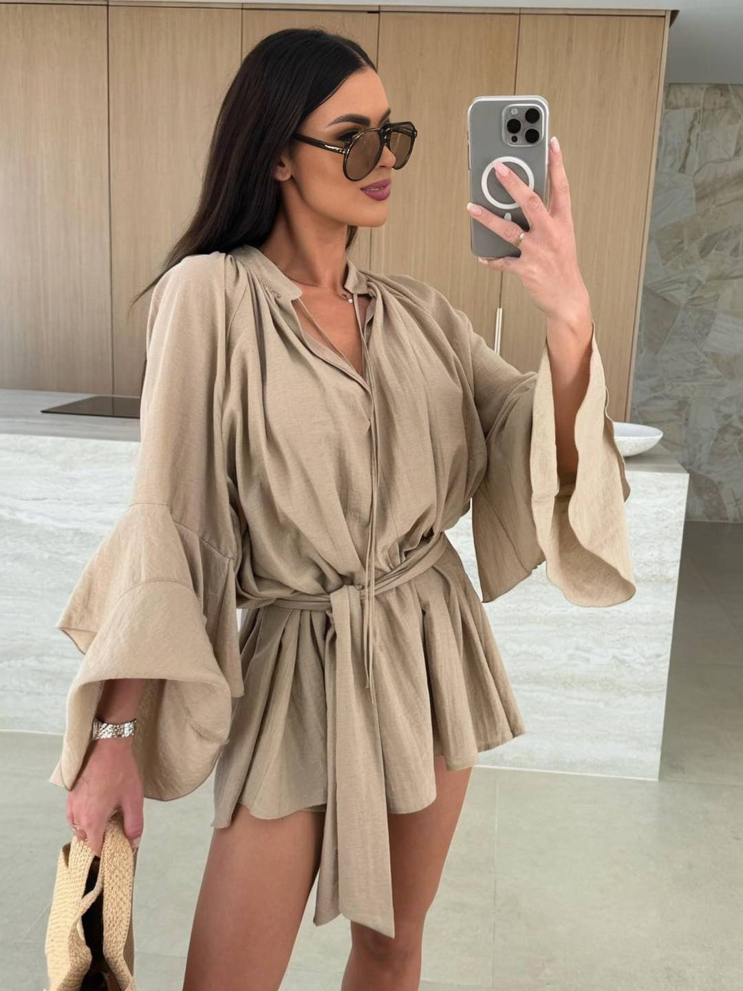 Cocolii mini robe v-cou ceinture irrégulière manches trompette manches longues femme casual bohème décontracté de plage