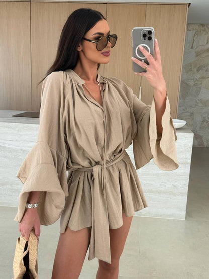Cocolii mini robe v-cou ceinture irrégulière manches trompette manches longues femme casual bohème décontracté de plage
