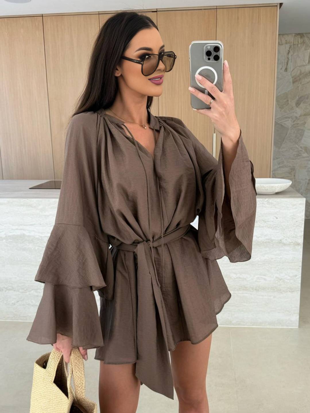 Cocolii mini robe v-cou ceinture irrégulière manches trompette manches longues femme casual bohème décontracté de plage