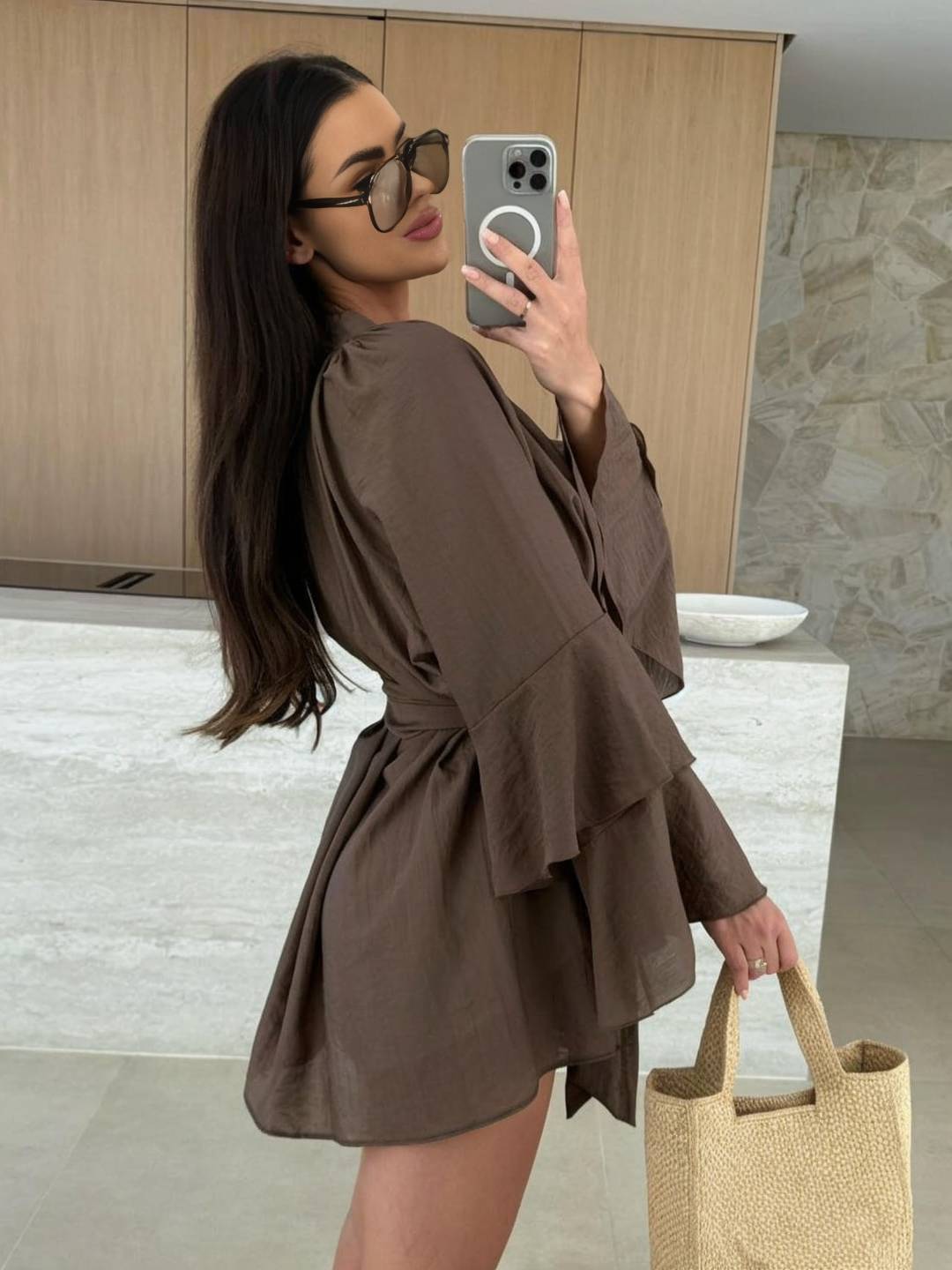 Cocolii mini robe v-cou ceinture irrégulière manches trompette manches longues femme casual bohème décontracté de plage