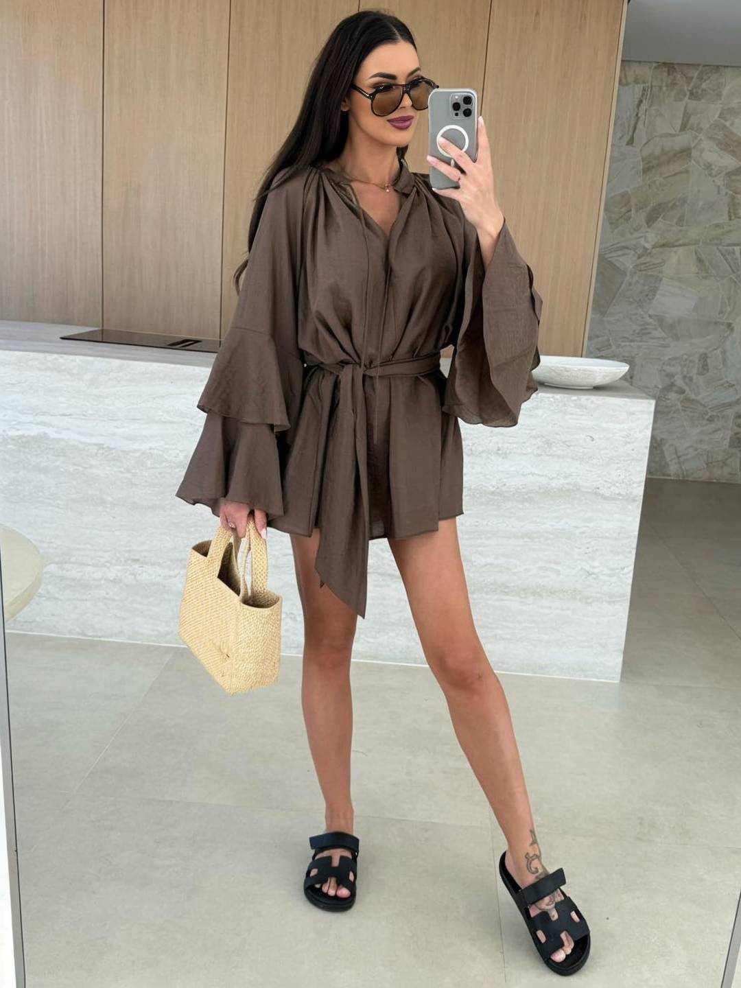 Cocolii mini robe v-cou ceinture irrégulière manches trompette manches longues femme casual bohème décontracté de plage