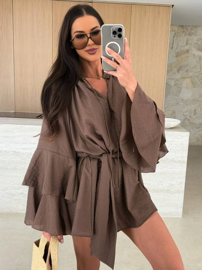 Cocolii mini robe v-cou ceinture irrégulière manches trompette manches longues femme casual bohème décontracté de plage