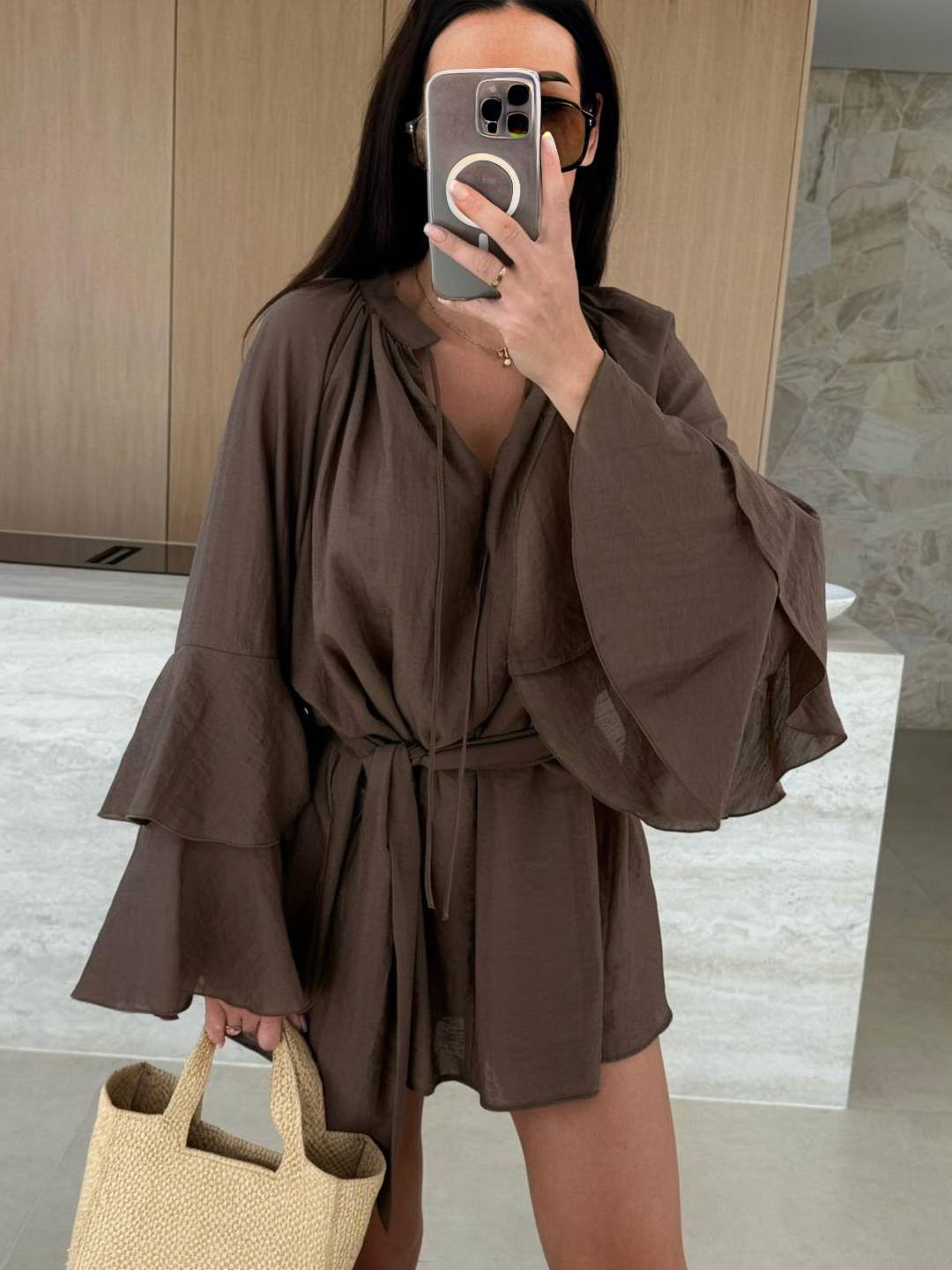 Cocolii mini robe v-cou ceinture irrégulière manches trompette manches longues femme casual bohème décontracté de plage