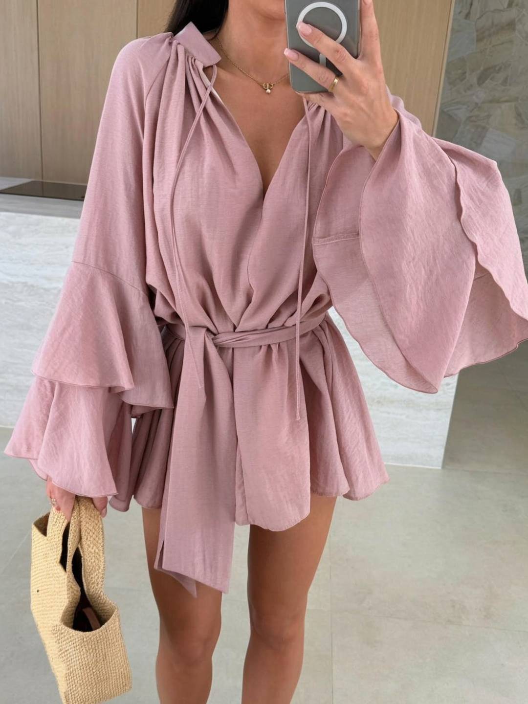 Cocolii mini robe v-cou ceinture irrégulière manches trompette manches longues femme casual bohème décontracté de plage