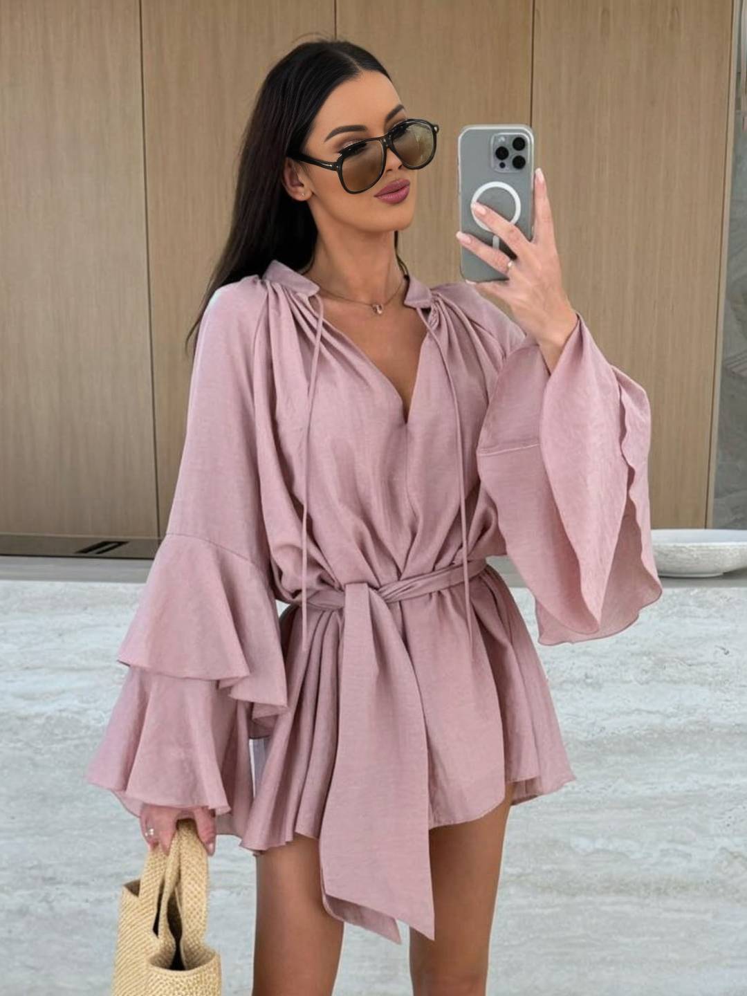 Cocolii mini robe v-cou ceinture irrégulière manches trompette manches longues femme casual bohème décontracté de plage