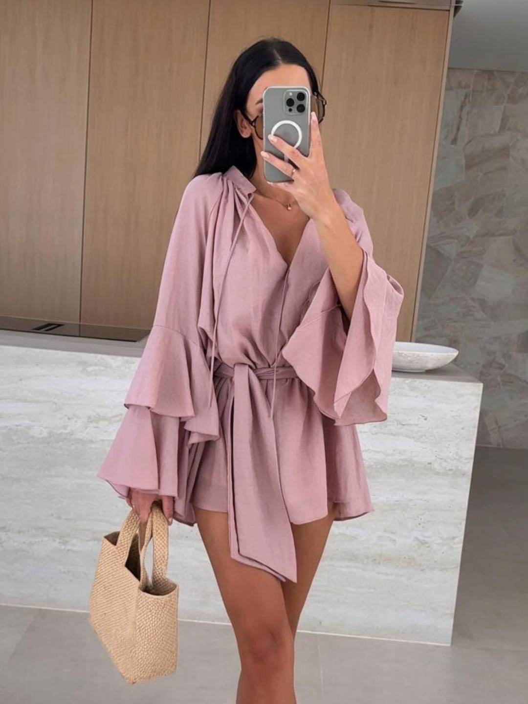 Cocolii mini robe v-cou ceinture irrégulière manches trompette manches longues femme casual bohème décontracté de plage