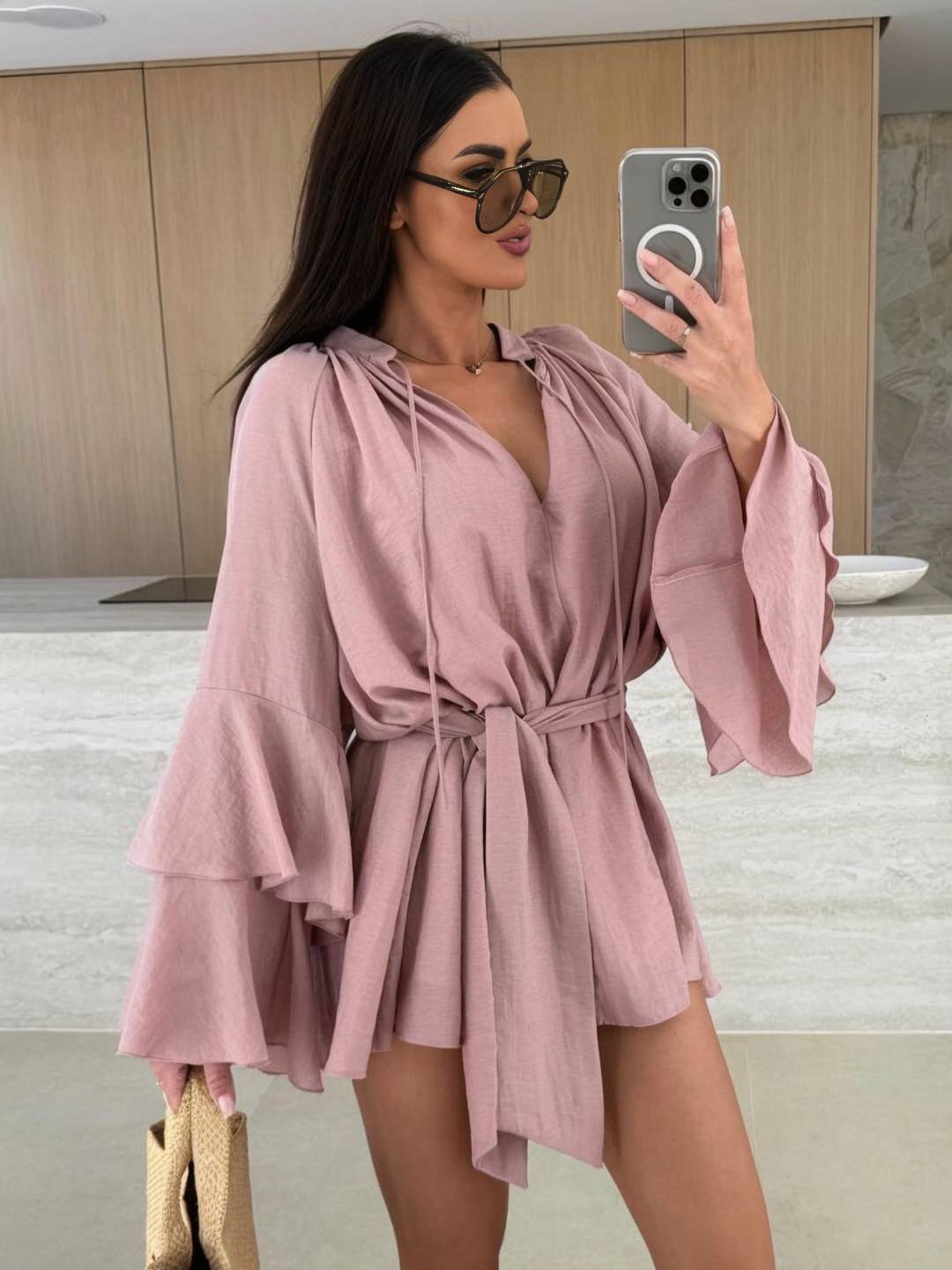 Cocolii mini robe v-cou ceinture irrégulière manches trompette manches longues femme casual bohème décontracté de plage