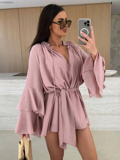 Cocolii mini robe v-cou ceinture irrégulière manches trompette manches longues femme casual bohème décontracté de plage