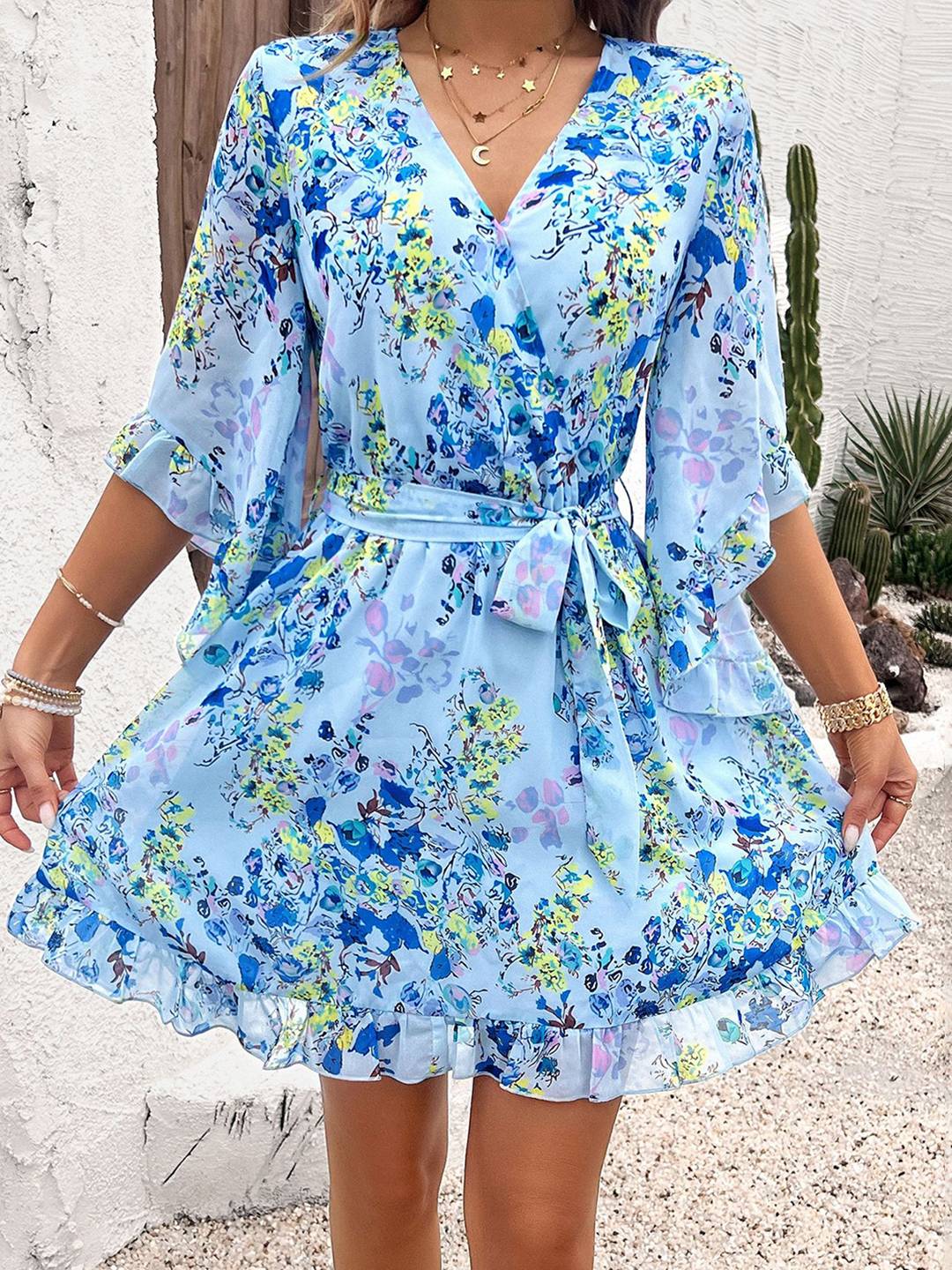 Cocolii robe courte mousseline imprimé à fleurie v-cou ceintur manches courtes femme bohème décontracté de plage