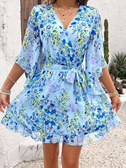 Cocolii robe courte mousseline imprimé à fleurie v-cou ceintur manches courtes femme bohème décontracté de plage