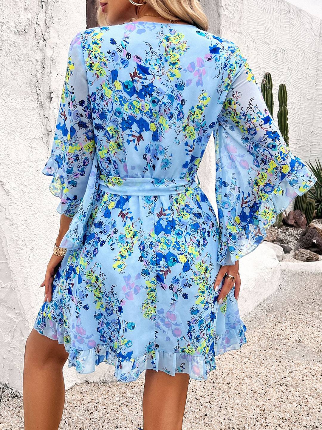 Cocolii robe courte mousseline imprimé à fleurie v-cou ceintur manches courtes femme bohème décontracté de plage