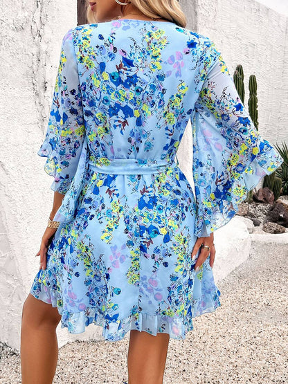 Cocolii robe courte mousseline imprimé à fleurie v-cou ceintur manches courtes femme bohème décontracté de plage