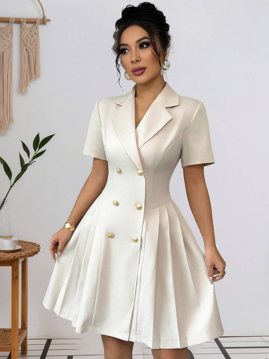Cocolii robe courte v-cou plissé double boutonnage manches courtes femme élégant casual de cocktail pour le bureau ou une soirée