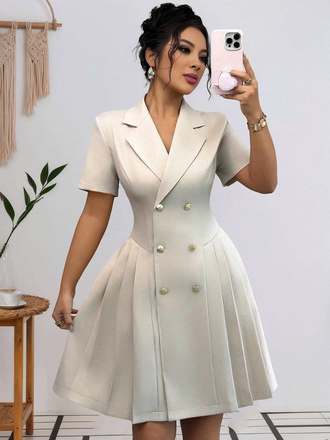 Cocolii robe courte v-cou plissé double boutonnage manches courtes femme élégant casual de cocktail pour le bureau ou une soirée