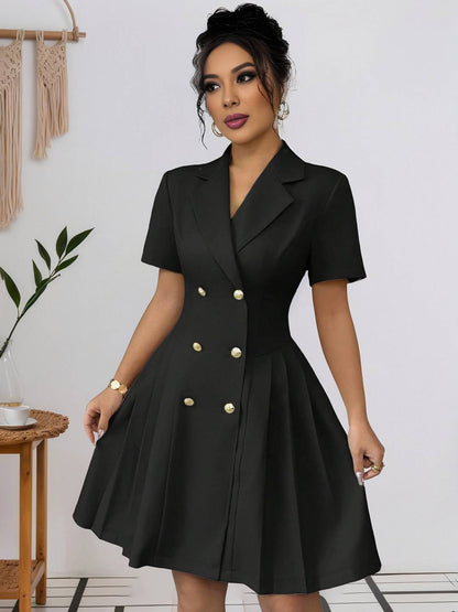 Cocolii robe courte v-cou plissé double boutonnage manches courtes femme élégant casual de cocktail pour le bureau ou une soirée