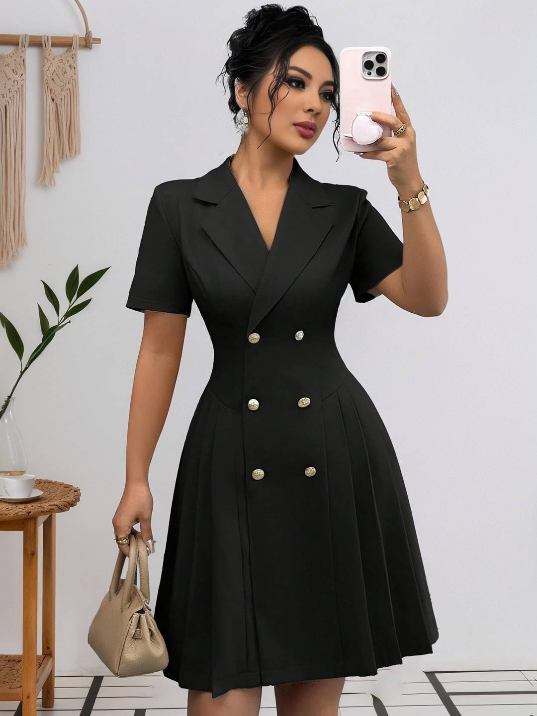 Cocolii robe courte v-cou plissé double boutonnage manches courtes femme élégant casual de cocktail pour le bureau ou une soirée