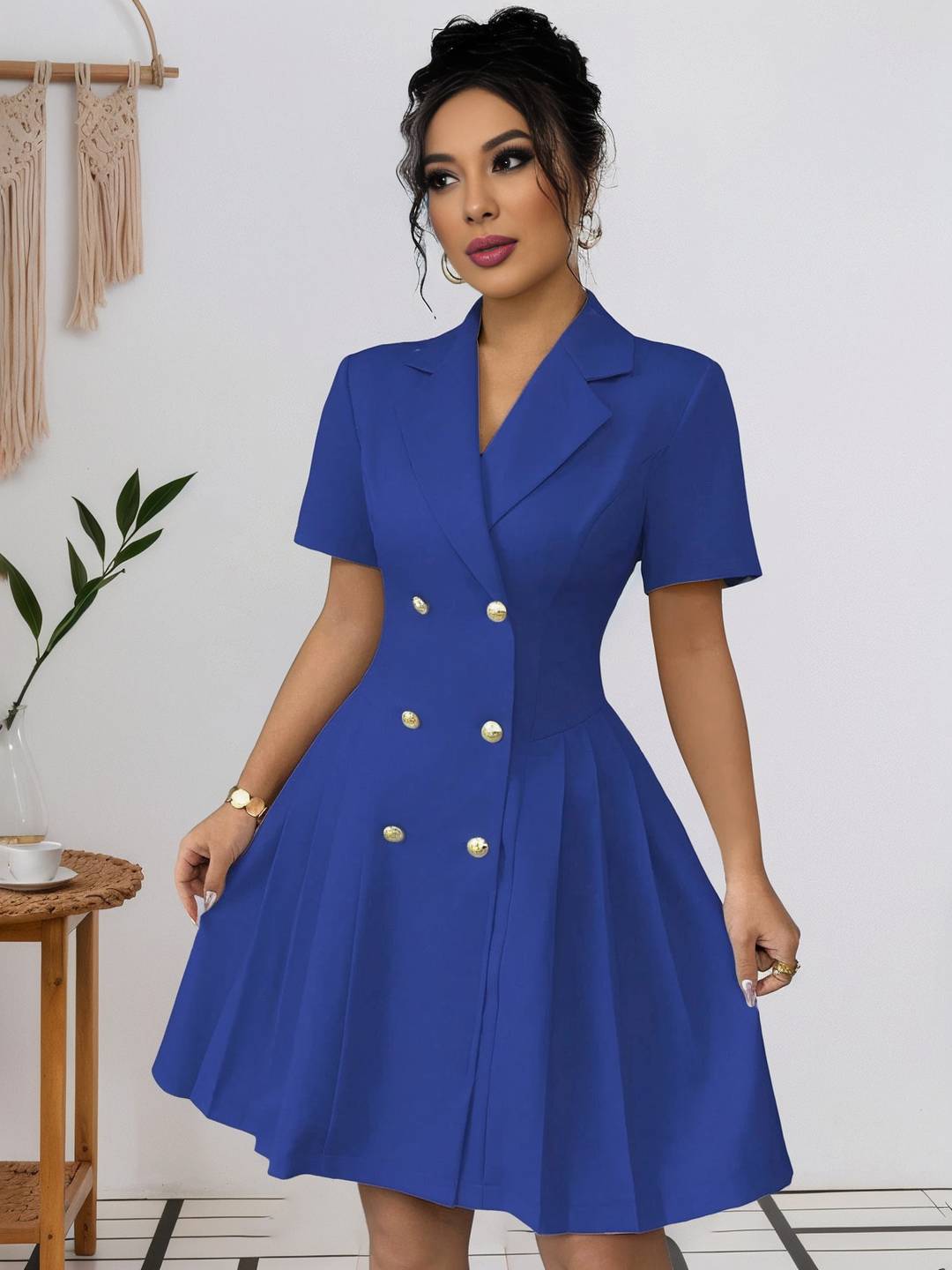 Cocolii robe courte v-cou plissé double boutonnage manches courtes femme élégant casual de cocktail pour le bureau ou une soirée
