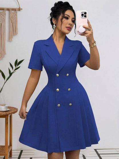 Cocolii robe courte v-cou plissé double boutonnage manches courtes femme élégant casual de cocktail pour le bureau ou une soirée