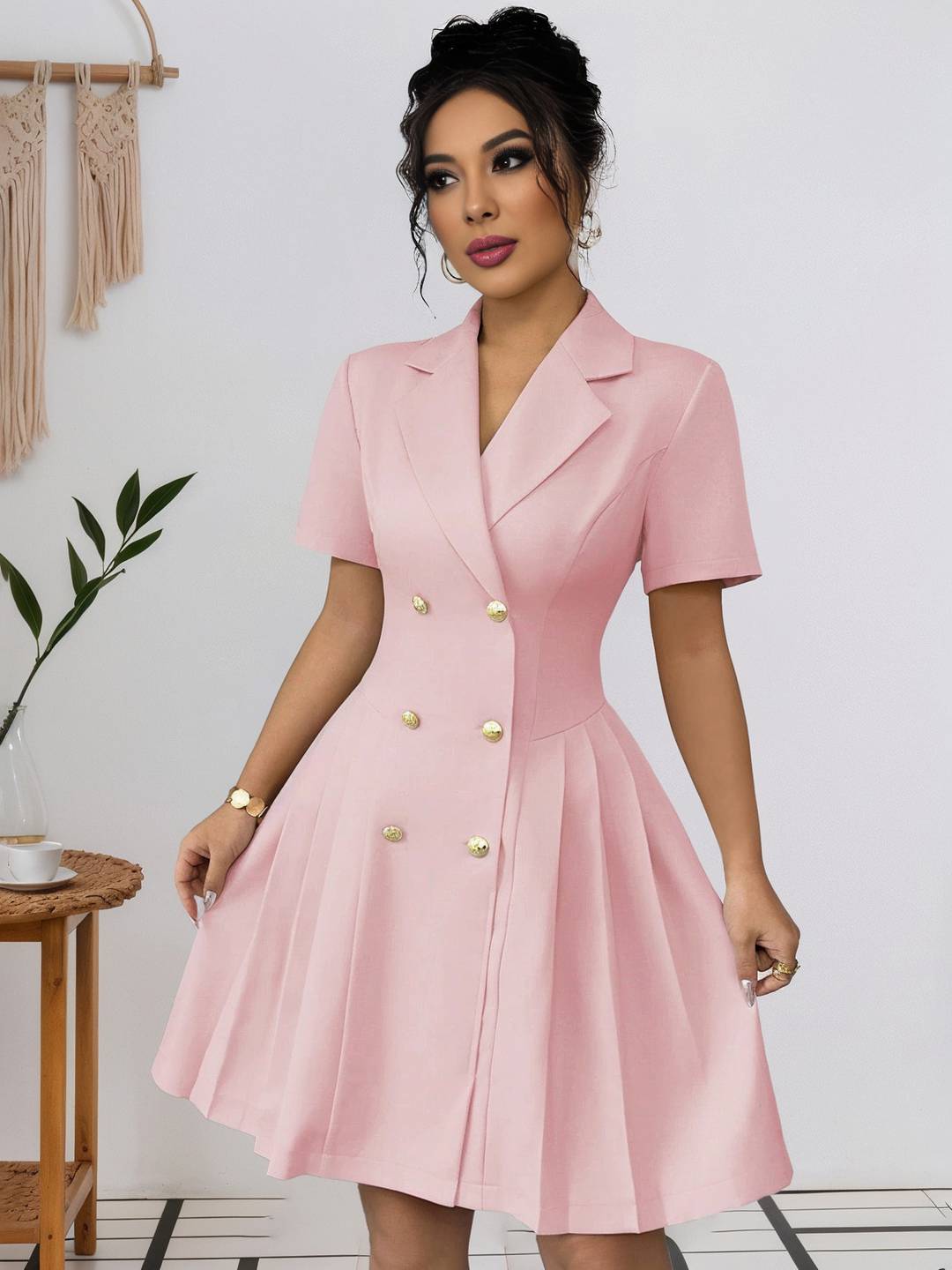 Cocolii robe courte v-cou plissé double boutonnage manches courtes femme élégant casual de cocktail pour le bureau ou une soirée