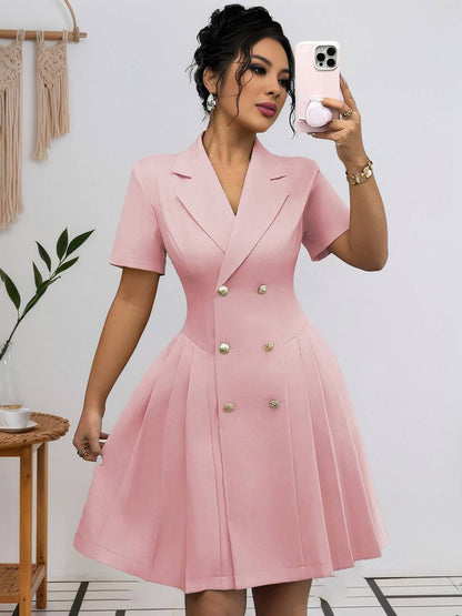 Cocolii robe courte v-cou plissé double boutonnage manches courtes femme élégant casual de cocktail pour le bureau ou une soirée