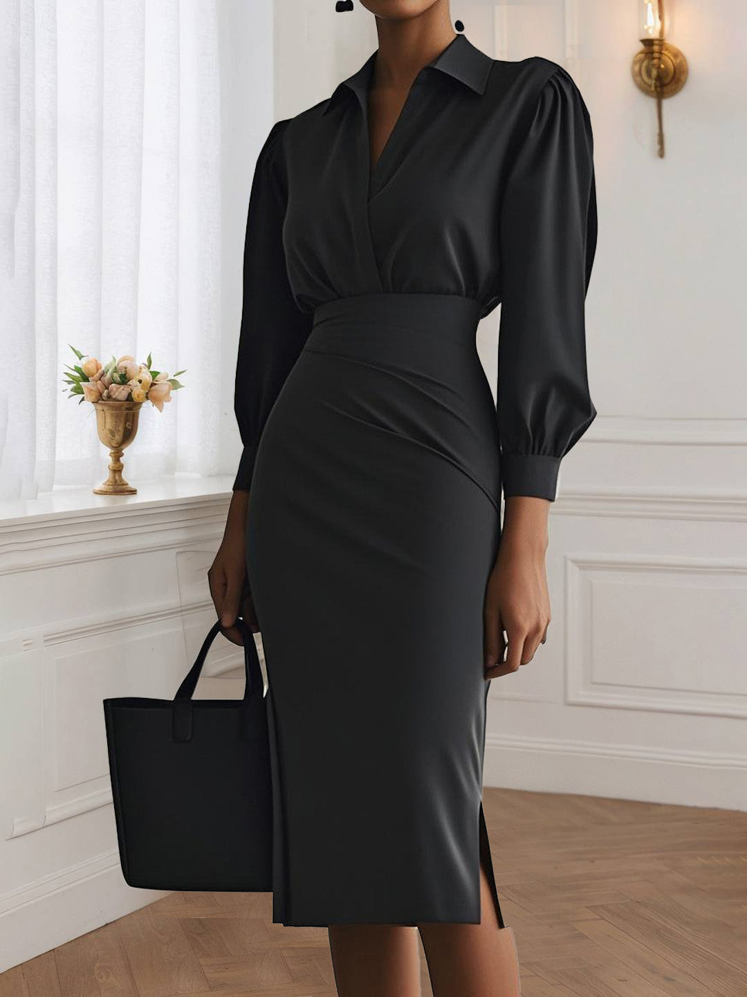 Cocolii robe courte découpes moulante fendu le côté v-cou manches longues casual élégant pour le bureau et les soirées cérémonie