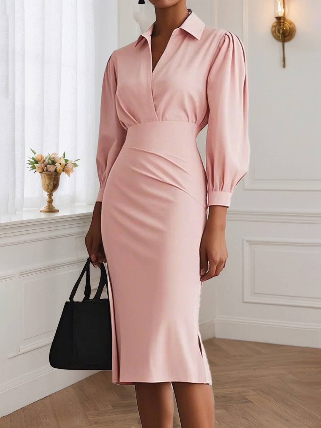 Cocolii robe courte découpes moulante fendu le côté v-cou manches longues casual élégant pour le bureau et les soirées cérémonie