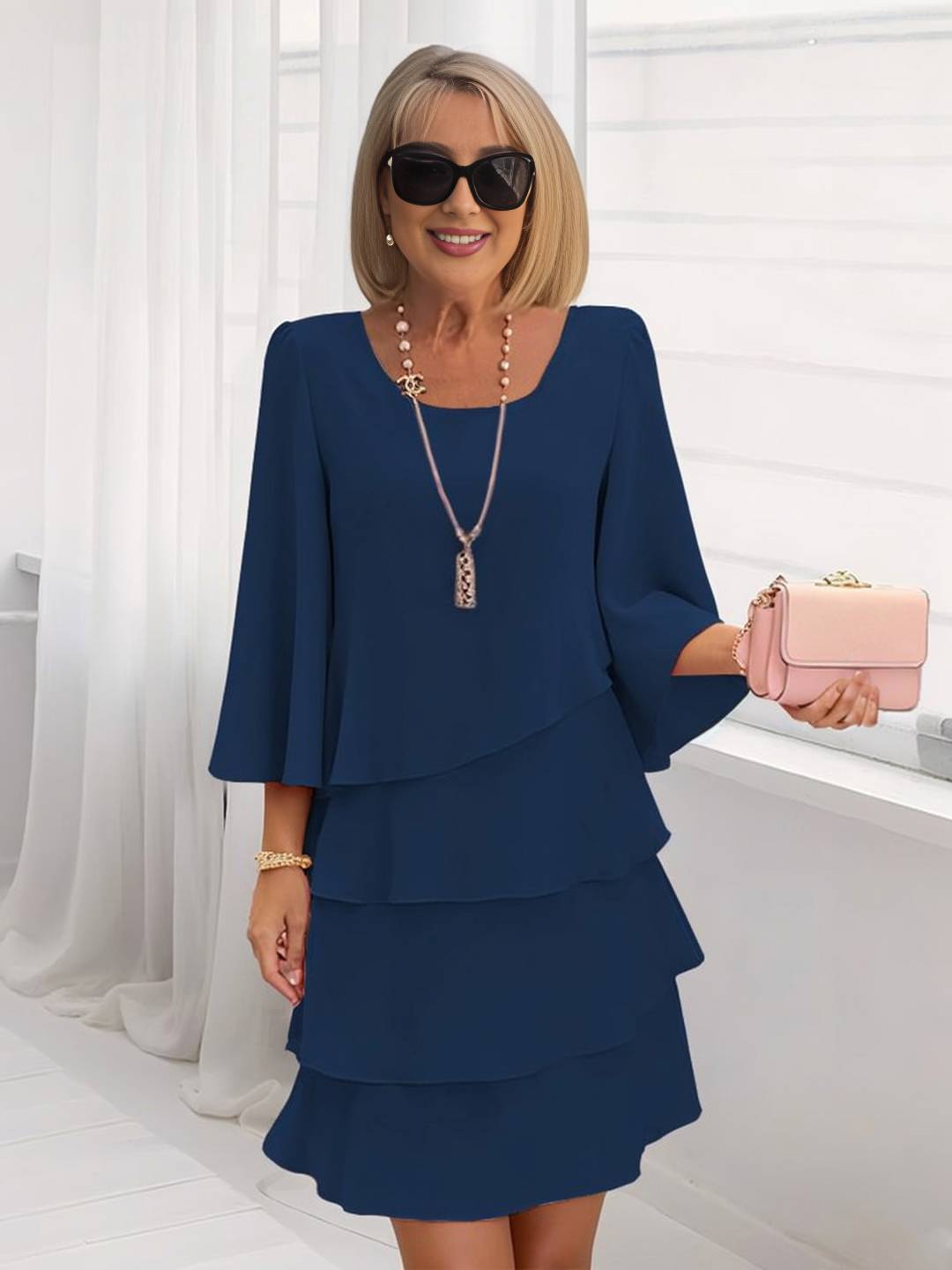 Cocolii robe de gâteau pour femme à volantée col rond manches longues élégant de cocktail fete robe courte