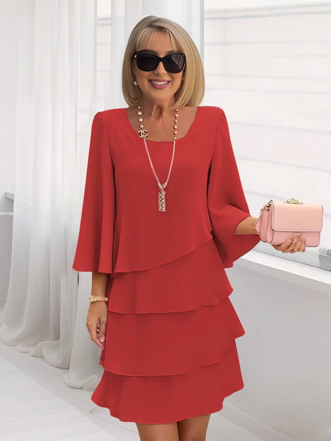 Cocolii robe de gâteau pour femme à volantée col rond manches longues élégant de cocktail fete robe courte