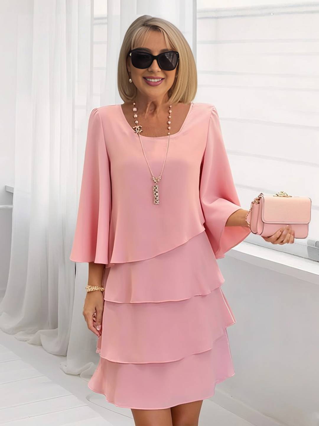 Cocolii robe de gâteau pour femme à volantée col rond manches longues élégant de cocktail fete robe courte