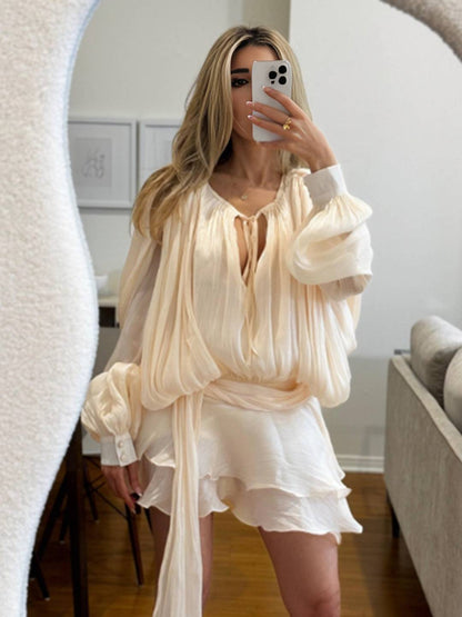 Cocolii ensemble robe courte tulle à volantée manches bouffantes manches longues femme élégant décontracté de cocktail