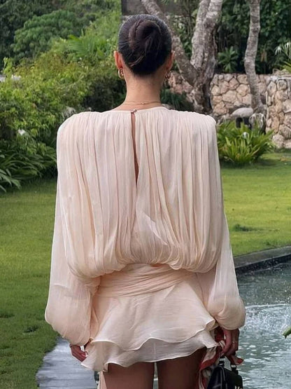 Cocolii ensemble robe courte tulle à volantée manches bouffantes manches longues femme élégant décontracté de cocktail