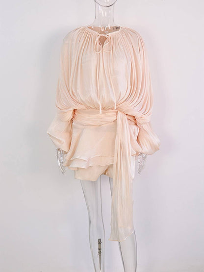 Cocolii ensemble robe courte tulle à volantée manches bouffantes manches longues femme élégant décontracté de cocktail