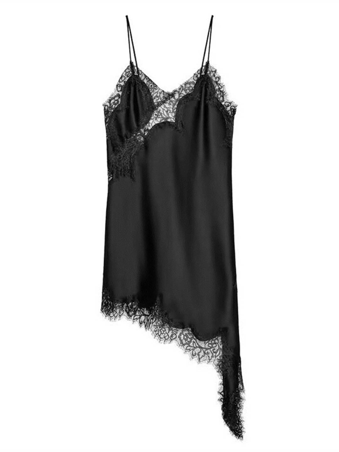 Cocolii robe courte femme en satin et dentelle irrégulière à fines brides v-cou sans manches ourlet asymétrique chic