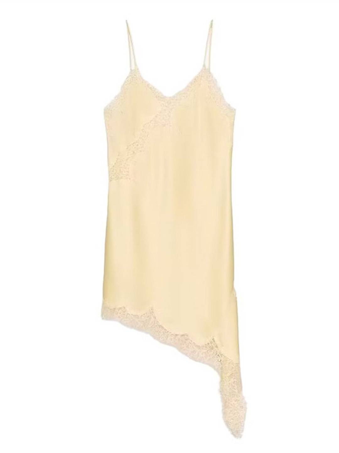 Cocolii robe courte femme en satin et dentelle irrégulière à fines brides v-cou sans manches ourlet asymétrique chic