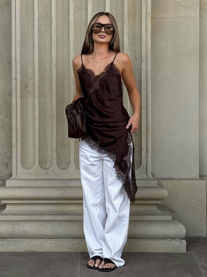 Cocolii robe courte femme en satin et dentelle irrégulière à fines brides v-cou sans manches ourlet asymétrique chic