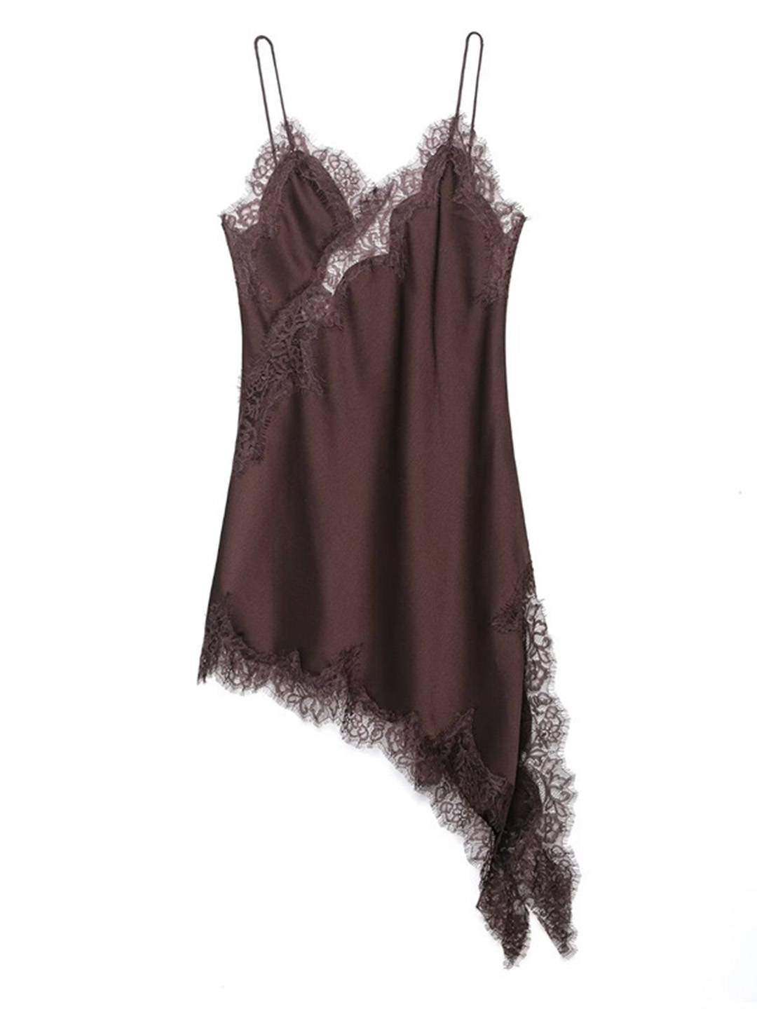 Cocolii robe courte femme en satin et dentelle irrégulière à fines brides v-cou sans manches ourlet asymétrique chic