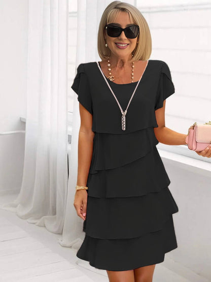 Cocolii robe courte de cocktail femme à volantée superposés manches courtes col rond élégant casual chic