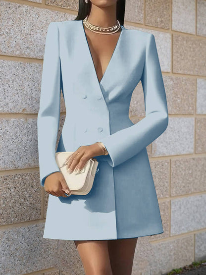 Cocolii blazer robe courte femme double boutonnage v-cou manches longues style tailleur décontracté automne robe de travail