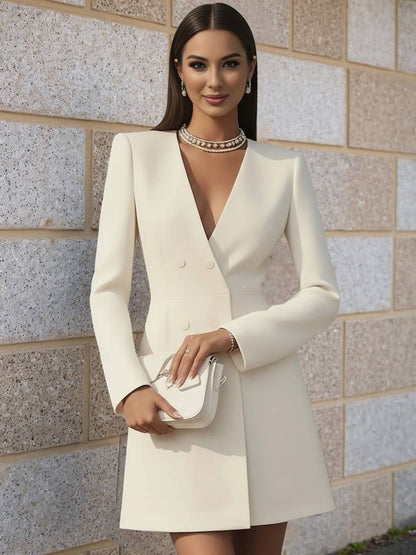 Cocolii blazer robe courte femme double boutonnage v-cou manches longues style tailleur décontracté automne robe de travail