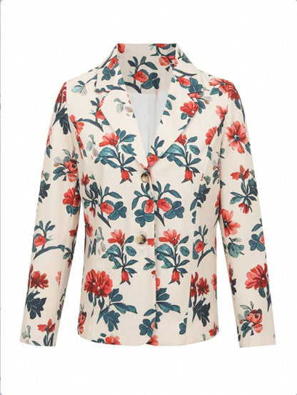 Cocolii blazer imprimé à fleurie découpe v manches longues femme vintage décontracté mode casual