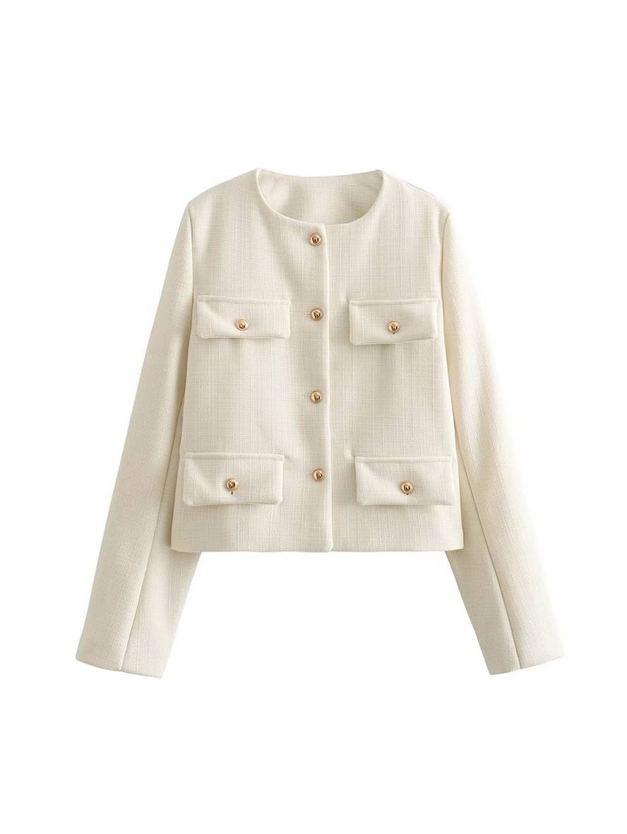 Cocolii court blazer en tweed boutonnage poches col rond manches longues femme élégant décontracté mode