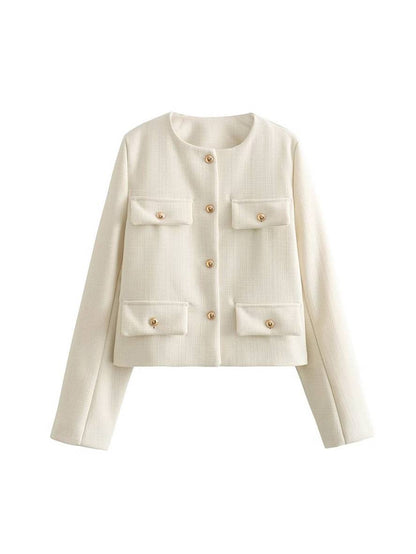 Cocolii court blazer en tweed boutonnage poches col rond manches longues femme élégant décontracté mode