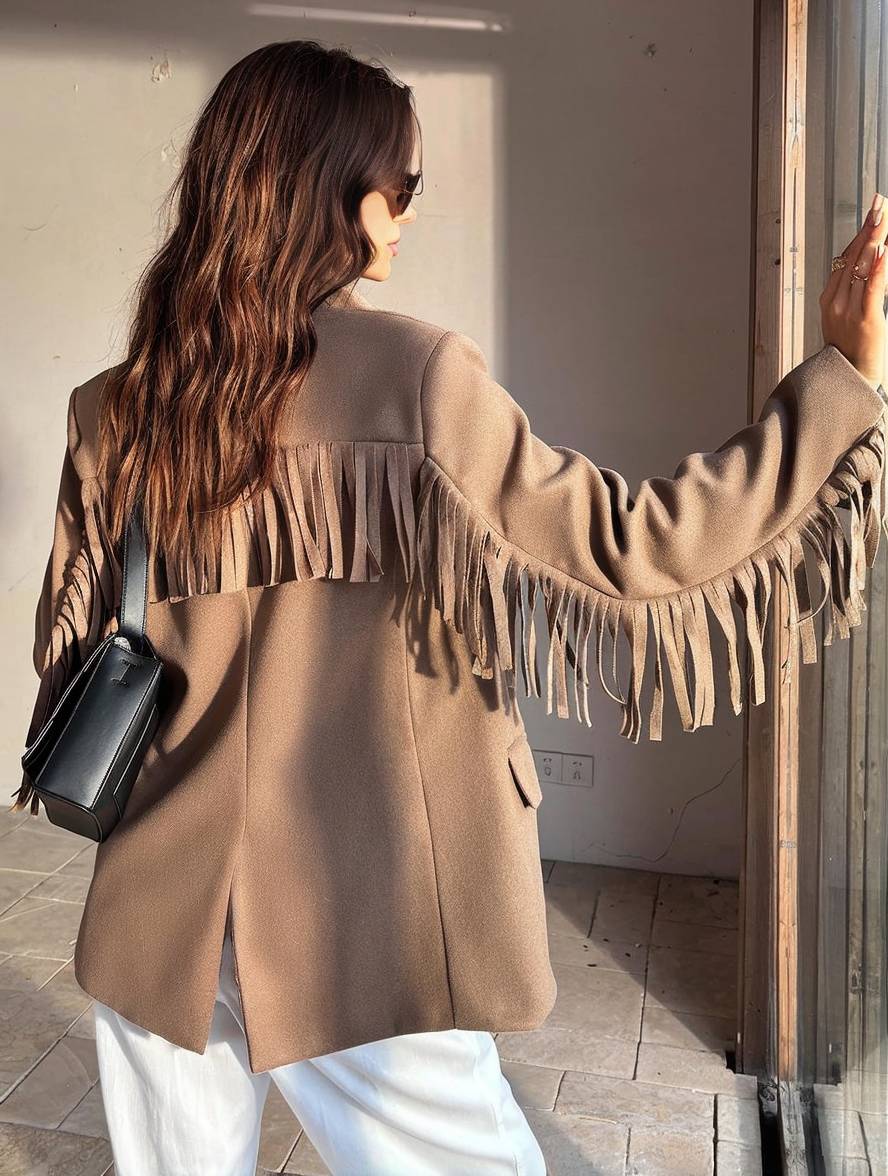 Cocolii blazer unicolore frange boutonnage poches manches longues femme élégant décontracté ample veste