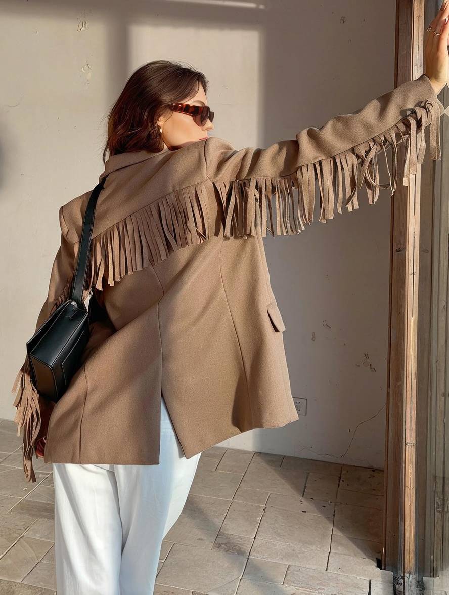 Cocolii blazer unicolore frange boutonnage poches manches longues femme élégant décontracté ample veste